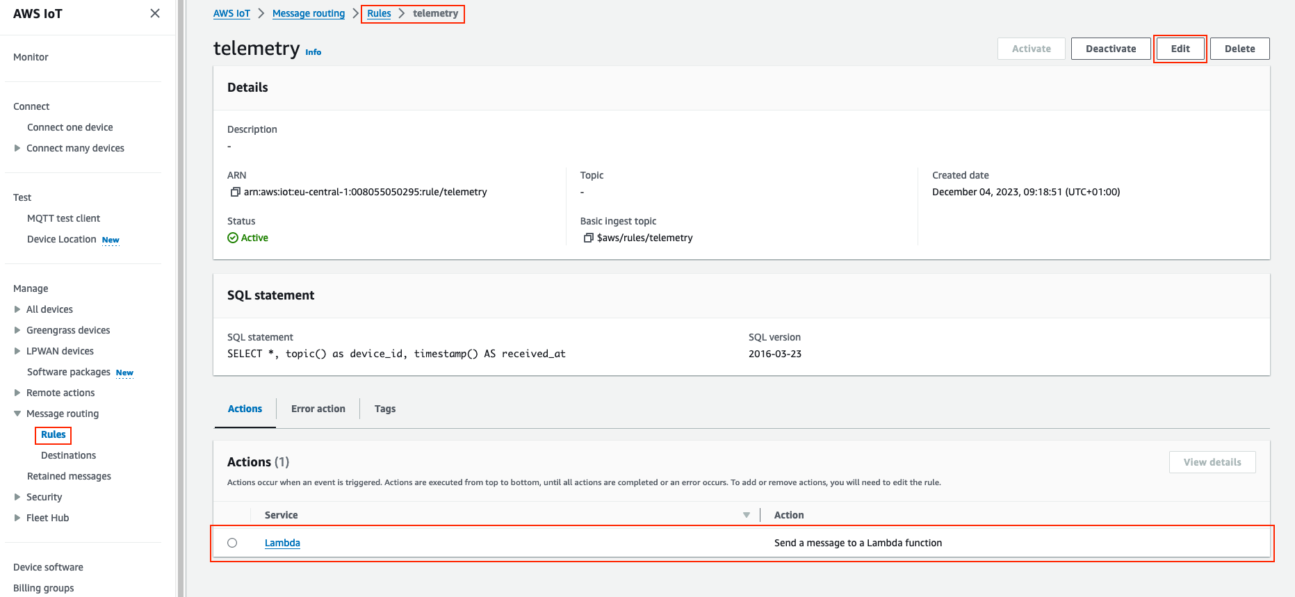 AWS IoT Core configure Lambda trigger